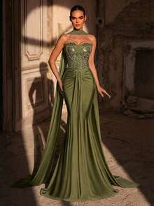 Glamrae 优雅的牛油果绿浪漫蕾丝拼接弹力针织无肩带领口重工刺绣串珠美人鱼尾正式礼服，适合婚礼、派对和正式场合。 - 草綠色 - 查看 3