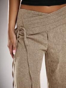 Avantive 女士纯色交叉腰带休闲直筒裤 - 杏色 - 查看 4