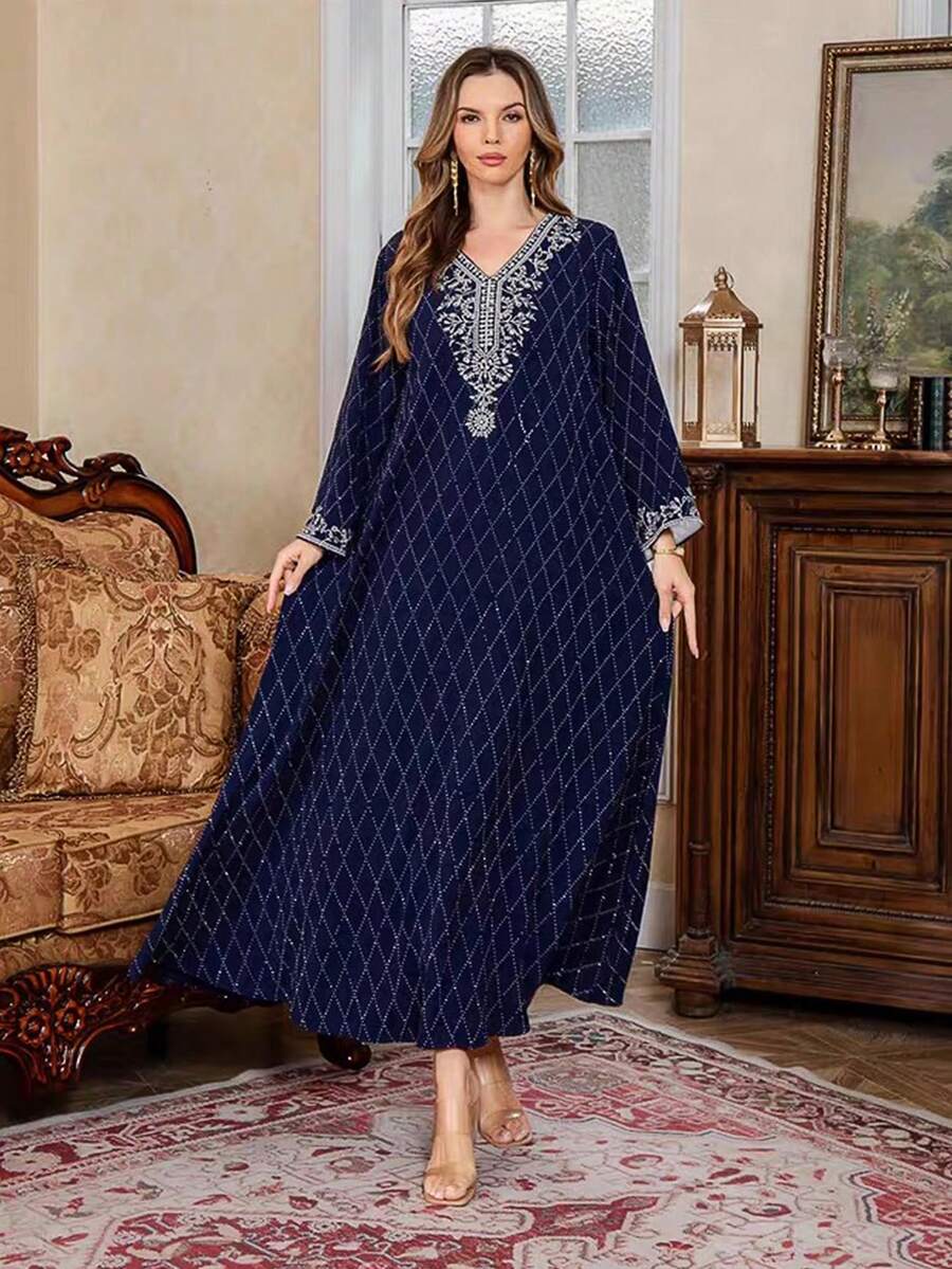 INAWLY Đầm nữ tay dài dáng rộng, cổ chữ V, in hình thoi, thời trang và thanh lịch. - Màu xanh hải quân - Xem 1