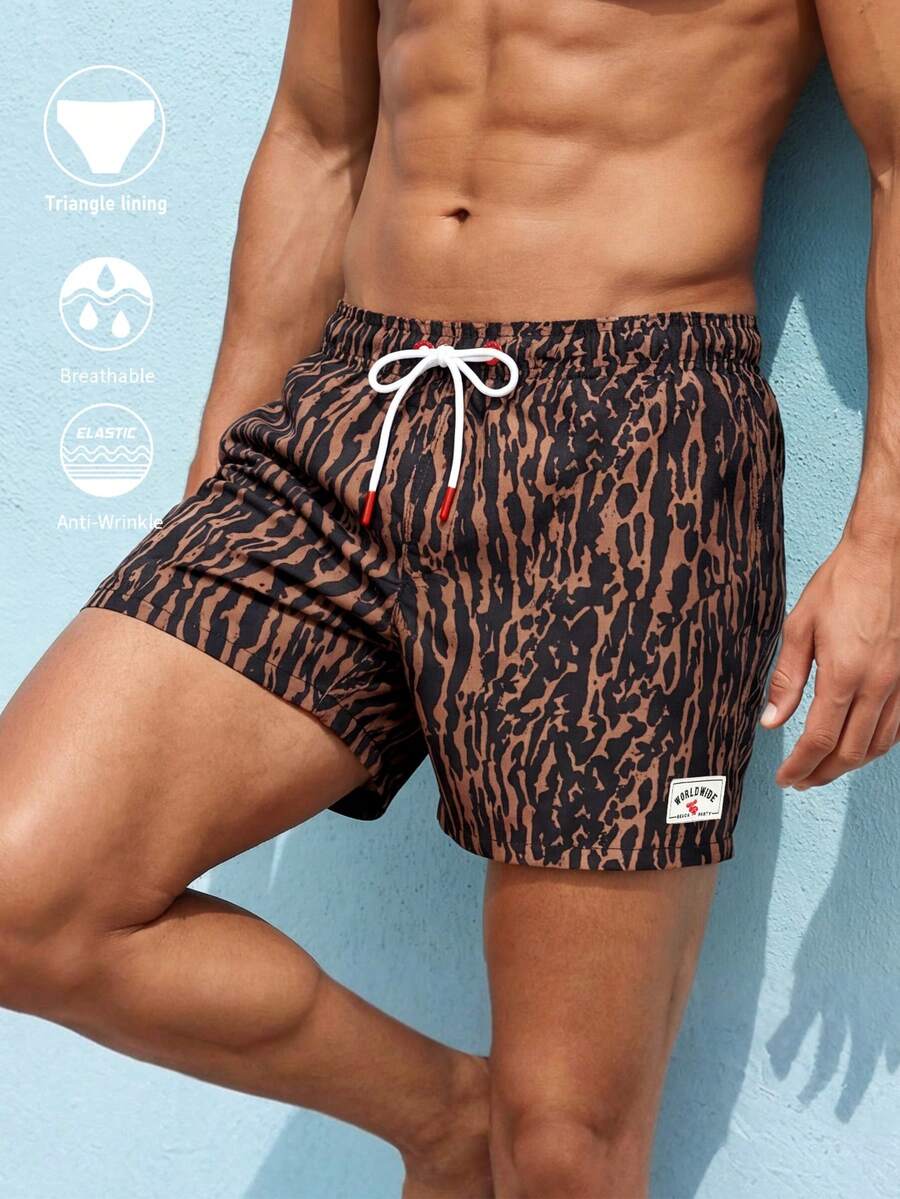 Manfinity Swimmode 男士时尚弹力腰抽绳宽松休闲沙滩裤 - 棕色 - 查看 1