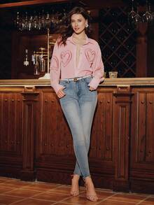 Anewsta Áo kiểu dài tay màu hồng dáng rộng, cổ áo họa tiết hoa 3D hình trái tim dành cho nữ. - Hồng - Xem 5