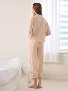 Ocili Gestreifter Fleece Langarm Cardigan & lange Hose bequemer Pyjama-Set für Frauen - Aprikosenfarben - Übersicht 3
