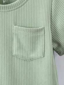 SHEIN Genkimix Kids 2件套 女童夏季休闲纯色口袋短袖T恤和短裤 - 綠色 - 查看 7