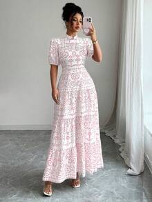 Elenzga Đầm tay phồng in họa tiết toàn thân dành cho nữ, thích hợp cho kỳ nghỉ hè. - Hồng - Xem 5