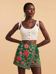 Travachic Women's Vacation Palm Tree Print Side Tie Asymmetric Hem Skirt Pants - Multicolor - View 7