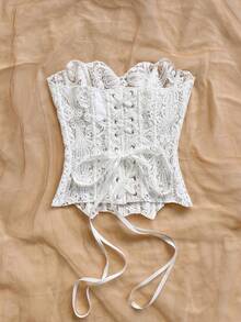 Soleia 性感蕾丝双层修身束身胸衣上衣，镂空刺绣，女士夜店风，性感上衣，INS 白色镂空刺绣塑身衣 - 白色 - 查看 2