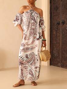 SHEIN Veneréa Floral Digital Print Halter Neck Cold Shoulder Short Sleeve Ruffle Sleeve Backless Bow Loose Long Maxi Dress For Women - Multicolor - View 3