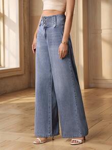 Selenza 女士休闲高腰阔腿水洗牛仔裤 - 藍色 - 查看 3