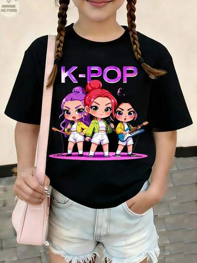 Lässiges, stilvolles Kleine Mädchen Kurzarm T-Shirt mit Cartoon-Charaktergrafik, bequem und geeignet für Frühling/Sommer, ideal für Freizeitausflüge, Schulanfang, Outdoor-Aktivitäten, Geschenke