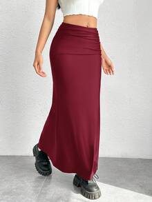 SHEIN EZwear 酒红色亮面针织美人鱼裙 - 酒紅色 - 查看 5