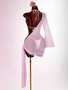 Amplova Women's 3 PiecesBeaded Swimwear Set Including Shoulder Strap Mesh Coverup, Sexy & Chic, Suitable For Vacation, Tie-Up Details - Pink - View 1