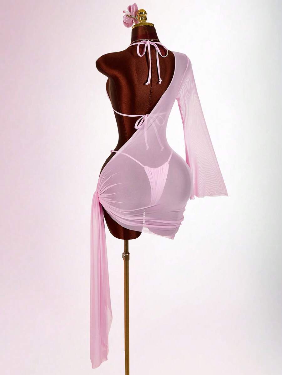 Amplova Women's 3 PiecesBeaded Swimwear Set Including Shoulder Strap Mesh Coverup, Sexy & Chic, Suitable For Vacation, Tie-Up Details - Pink - View 1