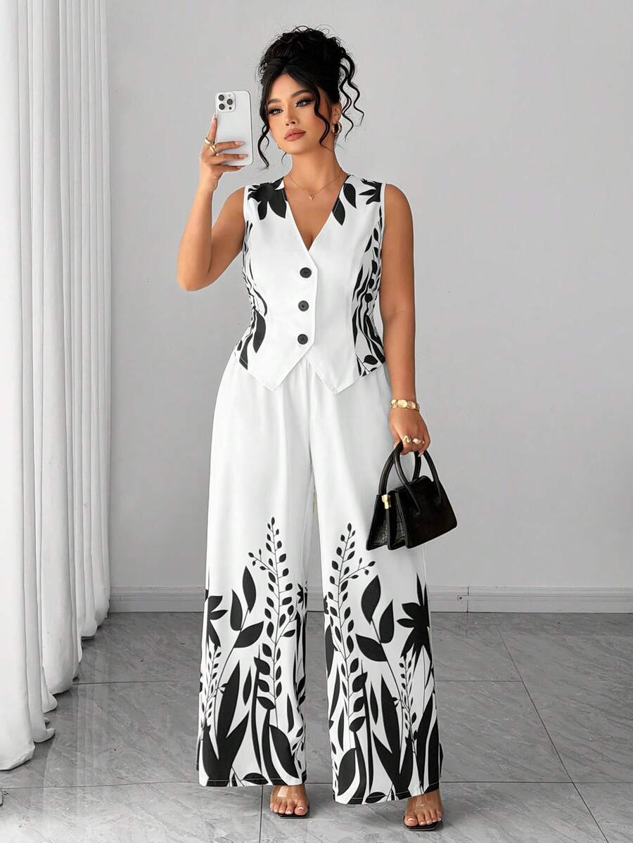 SHEIN Elenzya Bộ đồ 2 món cỡ lớn, kiểu dáng thường ngày, in họa tiết hoa, gồm áo vest cài cúc phía trước và quần ống rộng. - Nhiều màu - Xem 1