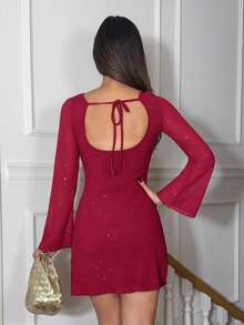 Ronhire 优雅蝴蝶结露背性感亮片修身迷你连衣裙，婚礼宾客礼服 - 酒紅色 - 查看 2