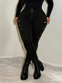 Slaydiva Quần skinny giả da màu đen cạp cao cỡ lớn, phù hợp cho mùa xuân, hè, thu và đông - Màu đen - màu đen - Xem 3