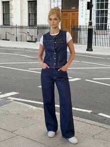 Siren Gaze Women's Casual Denim Suit: Sleeveless Vest + Wide-Leg Pants,Summer Casual Two-Piece Set - Dark Wash - View 6