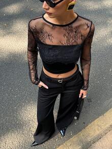 Siren Gaze Summer Black Lace Sheer Cover-Up For Women, "Sexy Mesh And Lace Fitted Long-Sleeved Top - Elegant Hollow-Out Design, French Retro Street Fashion Women's Wear" - A Stylish And Versatile Top - Black - View 5