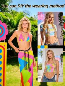 女士亮片围巾，配有闪亮链条、褶皱领口、蝴蝶结、网纱围巾、亮片网纱、宽项链和发带，适合狂欢节和派对，长度 160 厘米。 - 彩色 - 查看 3