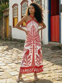 CAJUNI Women's Casual Palm Tree Print Halter Neck Vacation Dress - Red and White - View 1