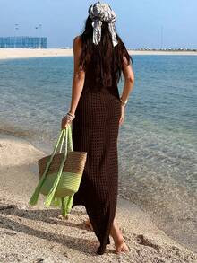 EURMUSE Women Crochet Knit Long Sleveeless Dress - Coffee Brown - View 2