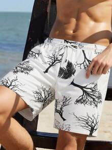 Manfinity RSRT Pantalones cortos casuales de playa con bolsillos en diagonal, cordón en la cintura y estampado total para hombres - Blanco - Ver 1