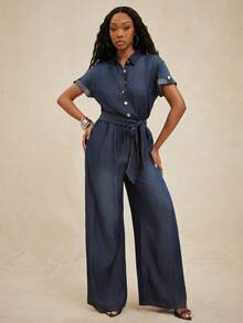 NYA SZN Jumpsuit Button Front Elastic Waistband Wide Leg - Dark Wash - View 5