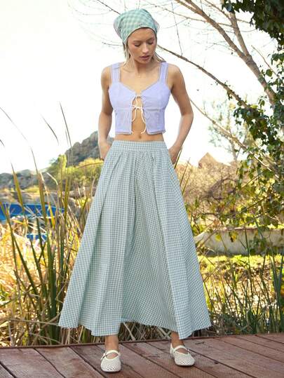 WESTFADE Elastic Waist Pleated Seersucker Gingham A Line Midi Skirt Spring, Resort Wear, Summer, Casual, Cute, Beach, Vacation, Nashville, Cowgirl, Western Wear For Women