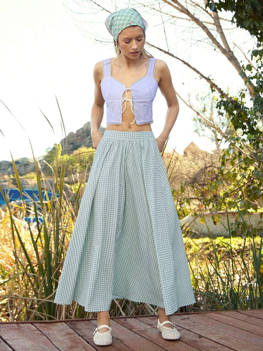 WESTFADE Women's Black And White Plaid Midi Skirt,Elastic Waist Pleated Seersucker Gingham A Line,Autumn,Conservative,Beach,Vacation,Holiday Resort Wear,Summer - Green - View 1