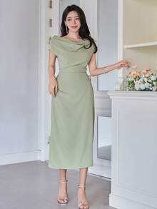 DAZY Women's Elegant Solid Color Asymmetrical Shoulder Long Dress, Summer Wedding Guest Dress Sundress - Green - View 4