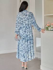 DAZY Women's Elegant Floral Print Tie Collar Blouse And Skirt 2-Piece Set, Spring/Summer,Wedding Guest Dress Women - Blue - View 2