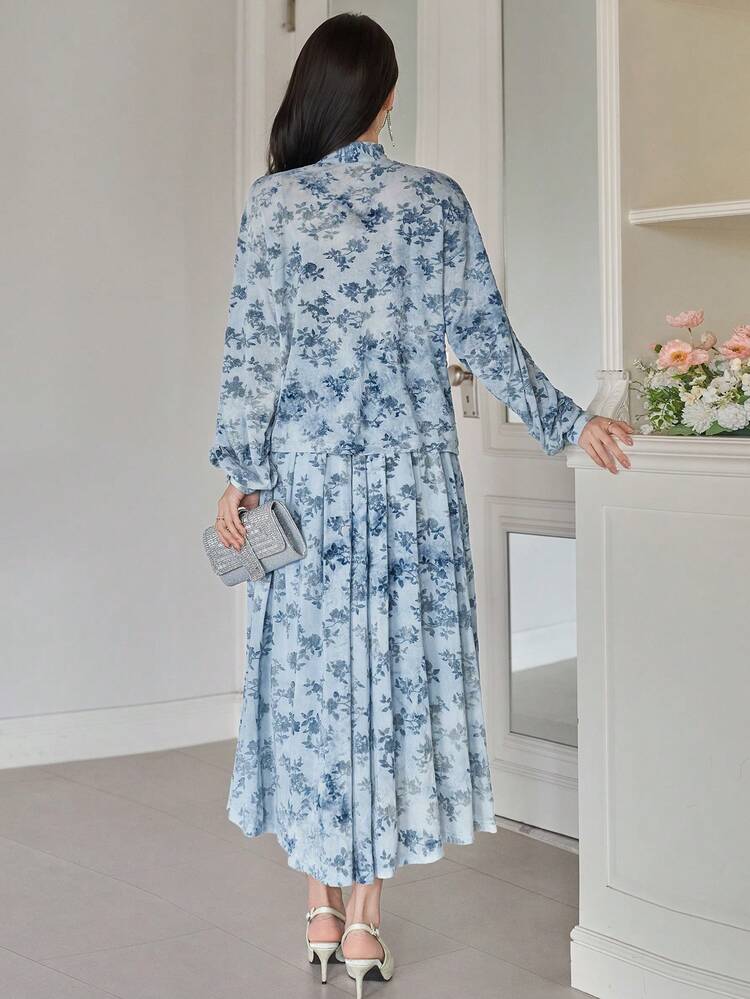 Women's Elegant Floral Print Tie Collar Blouse And Skirt 2-Piece Set, Spring/Summer,Wedding Guest Dress Women