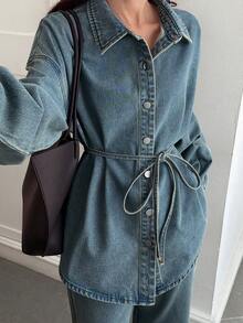 DAZY Women's Casual Loose Vacation Style Cinched Waist Shirt And Wide Leg Pants Set, Spring/Summer - Blue - View 1