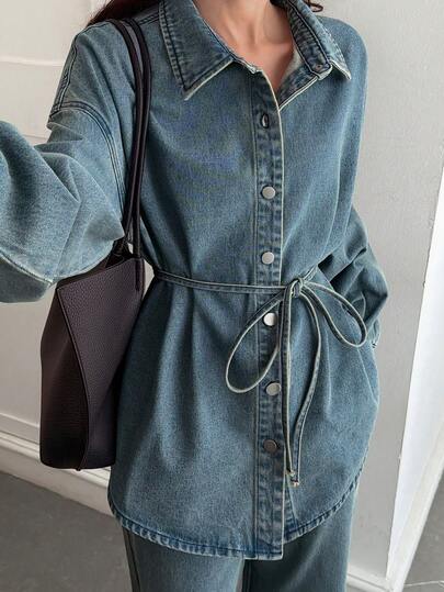DAZY Women's Solid Color Button Front Belted Long Sleeve Top And Denim Pants Set