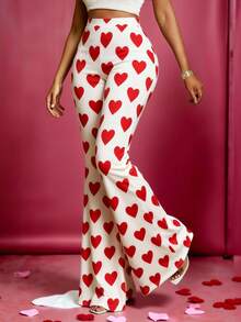 SHEIN PETITE 爱心印花高腰喇叭裤 - 彩色 - 查看 5