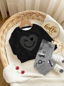 Black Series, Street Graffiti Cute Heart & Face Pattern, Baby Girl Casual Comfortable Soft Thick Warm Crew Neck Long Sleeve Sweatshirt & Skinny Jegging Leggings, Suitable For Autumn/Winter Everyday, Home, And Outings - Multicolor - View 6