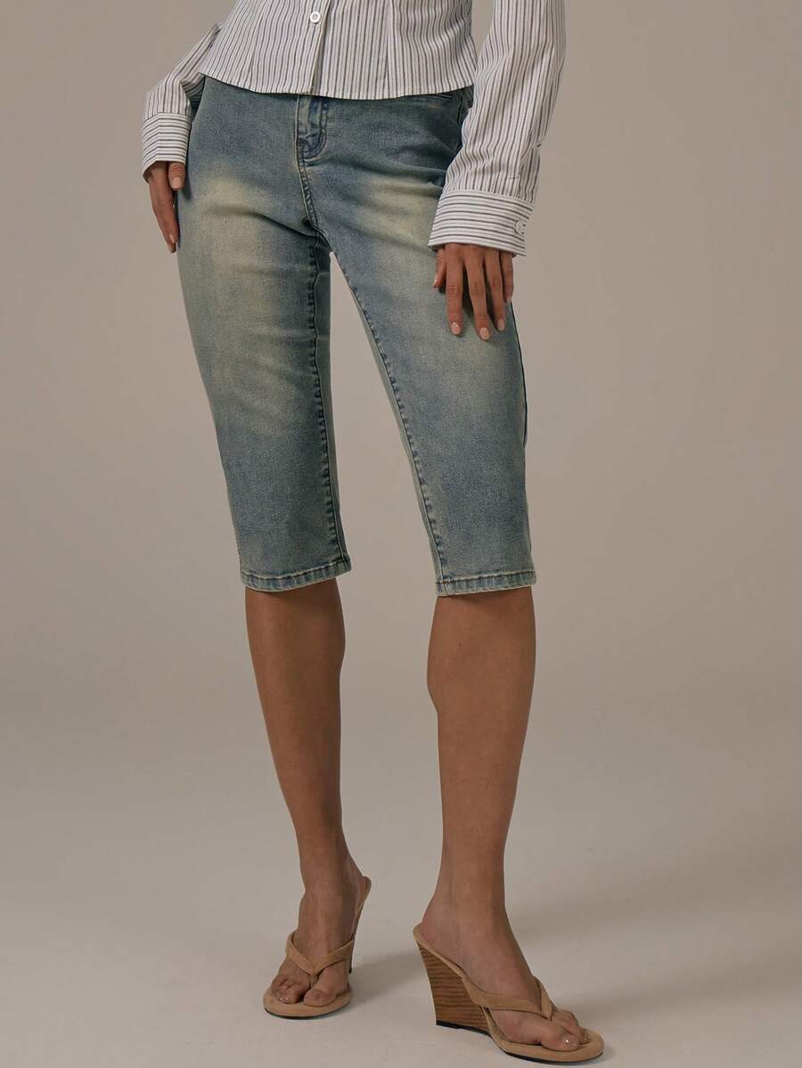 MUSERA Åtsittande Denim Capribyxor Vår Sommar Söt Mysig Stuga Kärna Vårdagg - Blå - Visa 1
