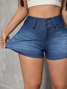 SHEIN Tall Women's Casual Everyday Commute High Stretch Slim Fit Denim Shorts, Summer - Dark Wash - View 2