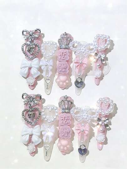 ROMWE Kawaii 10 Pcs Cute Characters Handmade Fake Nails + 3 Double-Sided Tape, Bow, Love, Rose, Cat's Claw ,Crown, Rhinestones Nails,Painted Long Almond-Shaped Wearing Armor, High-Quality Purple Glitter Nail Art, Suitable For Parties, Dances And Daily Wear