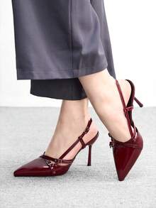 CUCCOO BIZCHIC Niche Design French Pointed Toe High Heels, French Elegance + Mature Sexy Style, Glossy Material, Criss-Cross Strap + Metal Buckle Decor, Suitable For Women, Daily Commute, Dating, Light Workplace And Other Occasions - Burgundy - View 4