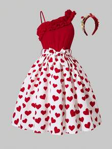 SHEIN Tween Girl Heart Print Ruffle Tie Waist Asymmetric Neck Dress - Red - View 8