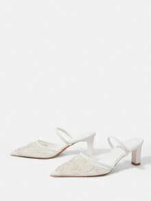 CUCCOO HITCHD Damenschuhe für alle Jahreszeiten, neue Stickerei mit Perlen, spitzer dicker Absatz, Damenhochhackenschuhe aus Mesh, Rist mit Taupeferse, elegant, temperamentvoll, modisch, für Hochzeit, Valentinstag, Tee, eleganter Anlass - Weiß A - Übersicht 3