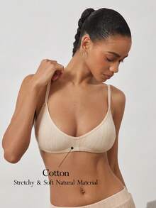 Ocili 100% Cotton Ribbed Comfortable Basic Minimalist Chic Autumn Casual Women Bra - Khaki - View 1