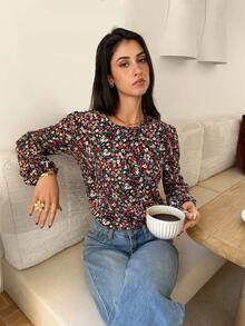 SHEIN Frenchy Plus Size Women Black Ditsy Floral Round Neck Long Sleeve Blouse,Autumn Boho Flower Top,Versatile Casual Daily Wear Commuting Tea Party Spring Top - Multicolor - View 1