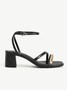 CUCCOO CHICEST Women's Black Square Toe Chunky Heel Sandals, Elegant Fashion Metallic Glitter Ankle Strap, Suitable For Valentine's Day Party And Elegant Outfit - Black - View 3