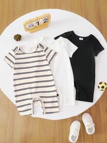 SHEIN 3件套男婴可爱针织弹力条纹短袖连体衣，基础套装，春夏款 - 彩色 - 查看 4