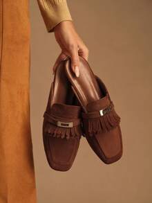 Rosivie Women Casual Versatile Commuting Minimalist Fringe Decor Slip-On Flats - Brown - View 2