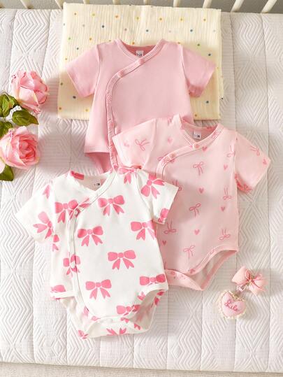 SHEIN 3件套新生儿/婴幼儿/学步男童/女童可爱休闲简约舒适柔软透气短袖连体衣，萌熊印花图案，适合春、夏、秋、冬四季日常穿着、生日派对、摄影等场合