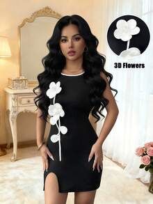 Rafferiza Đầm ngắn nữ không tay cổ tròn họa tiết hoa 3D, thắt eo, xẻ tà bên hông. - màu đen - Xem 3