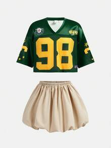 SHEIN 2pcs Baby Girl Knitted Letter & Number Pattern V-Neck Casual T-Shirt And Shorts Set - Multicolor - View 5