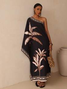 SHEIN Veneréa Plant Print Floral Pattern Trim Drape Robe For Women - Multicolor - View 1